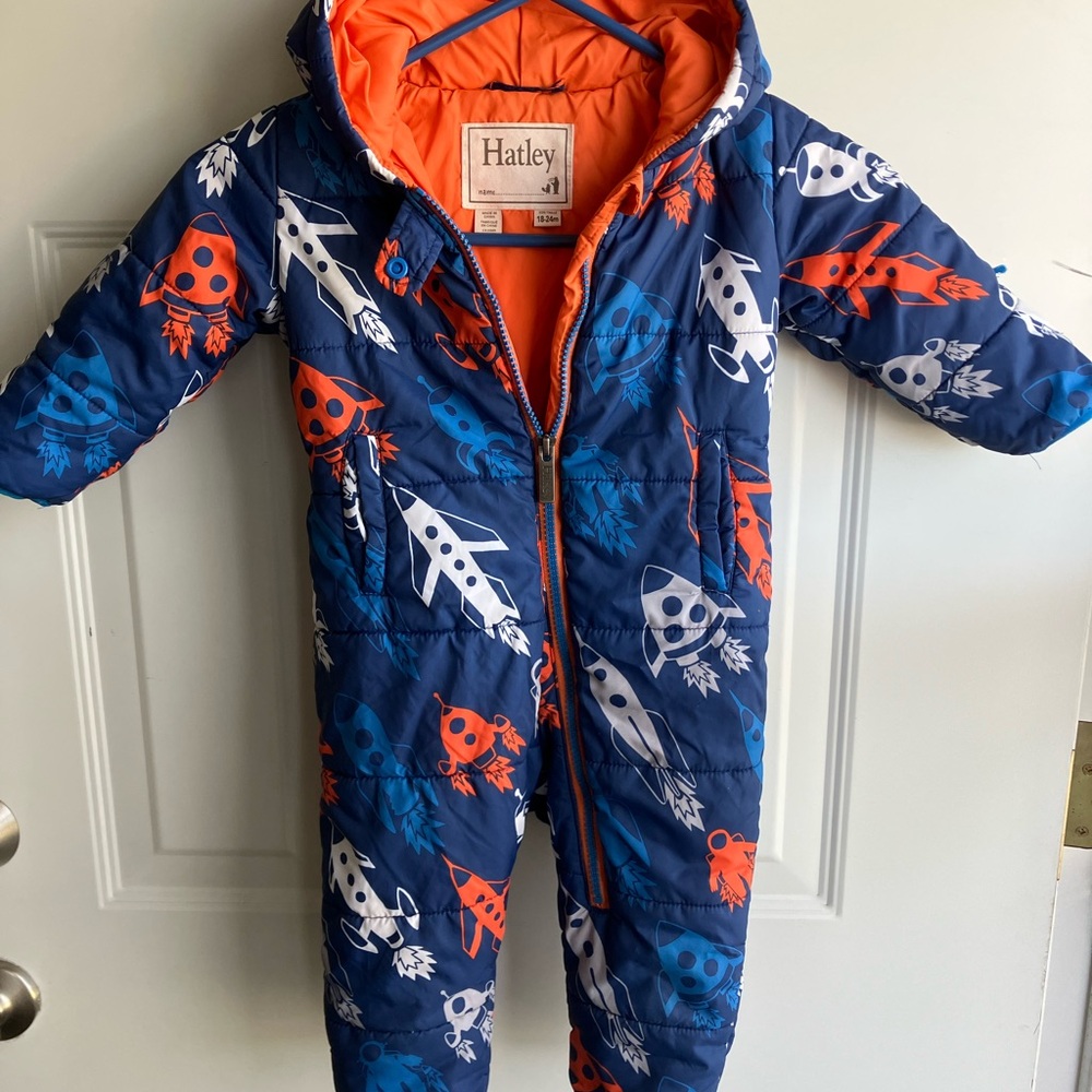 Hatley rockets space blue orange white snowsuit 18-24 months